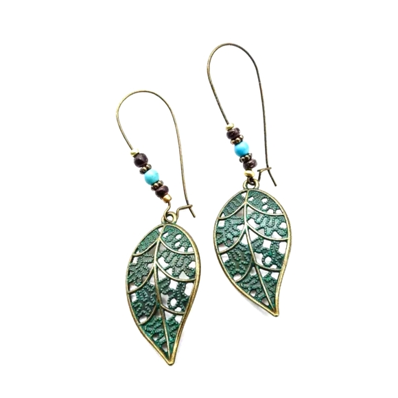 Patina Leaf UNIQUE Rustic Antique Gold Blue Dangle Kidney Wire Hook Earrings - Picture 2 of 7